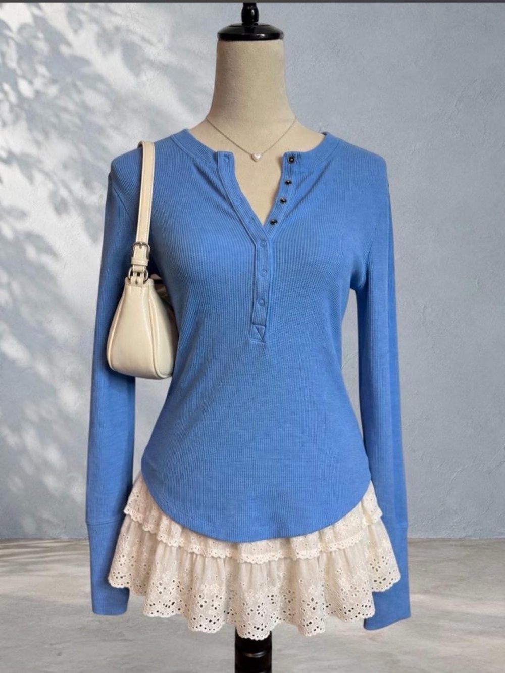 American Eagle Outfitters Blue Ribbed Henley Long-Sleeve Top